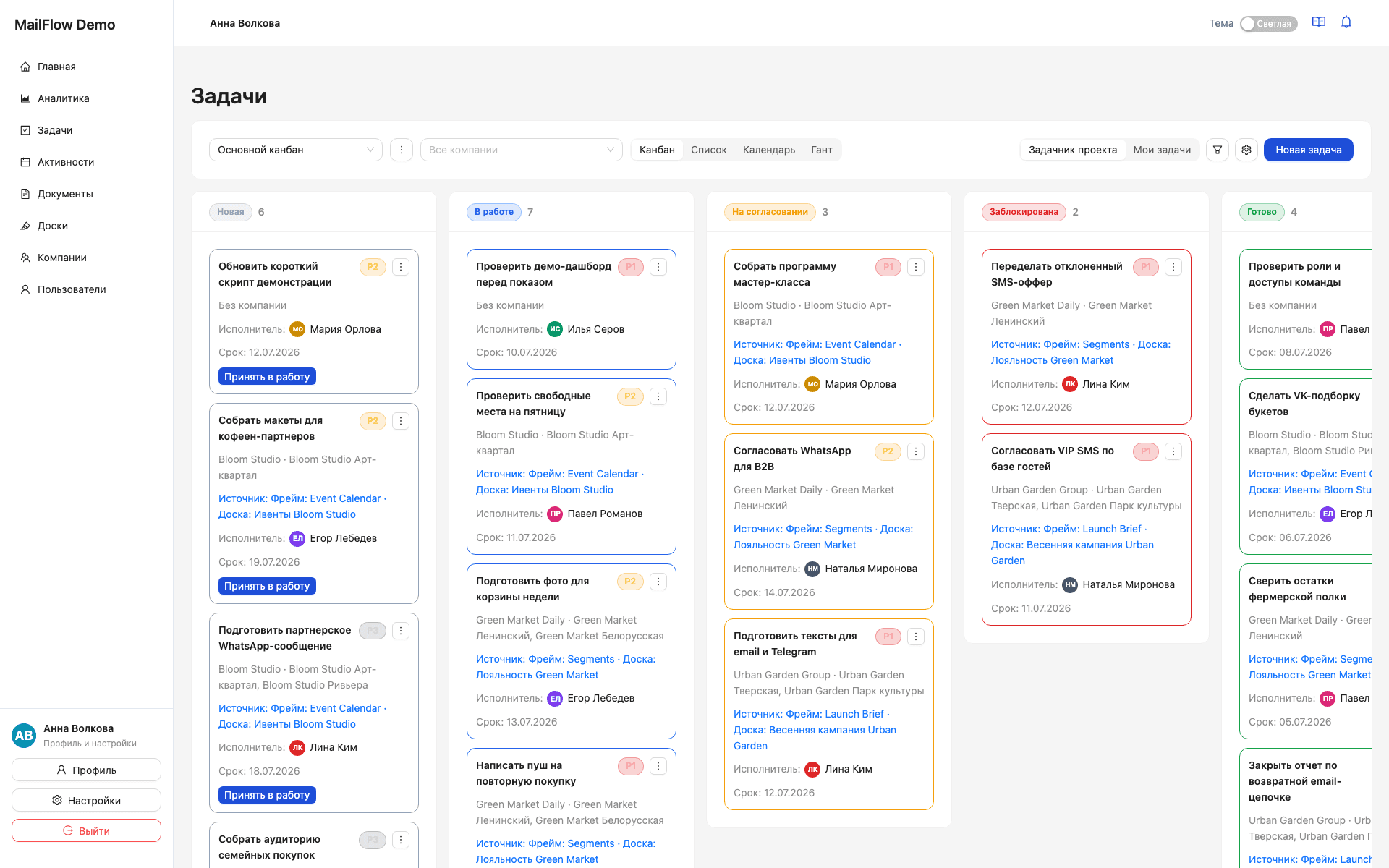 Канбан задач MailFlow с клиентскими карточками